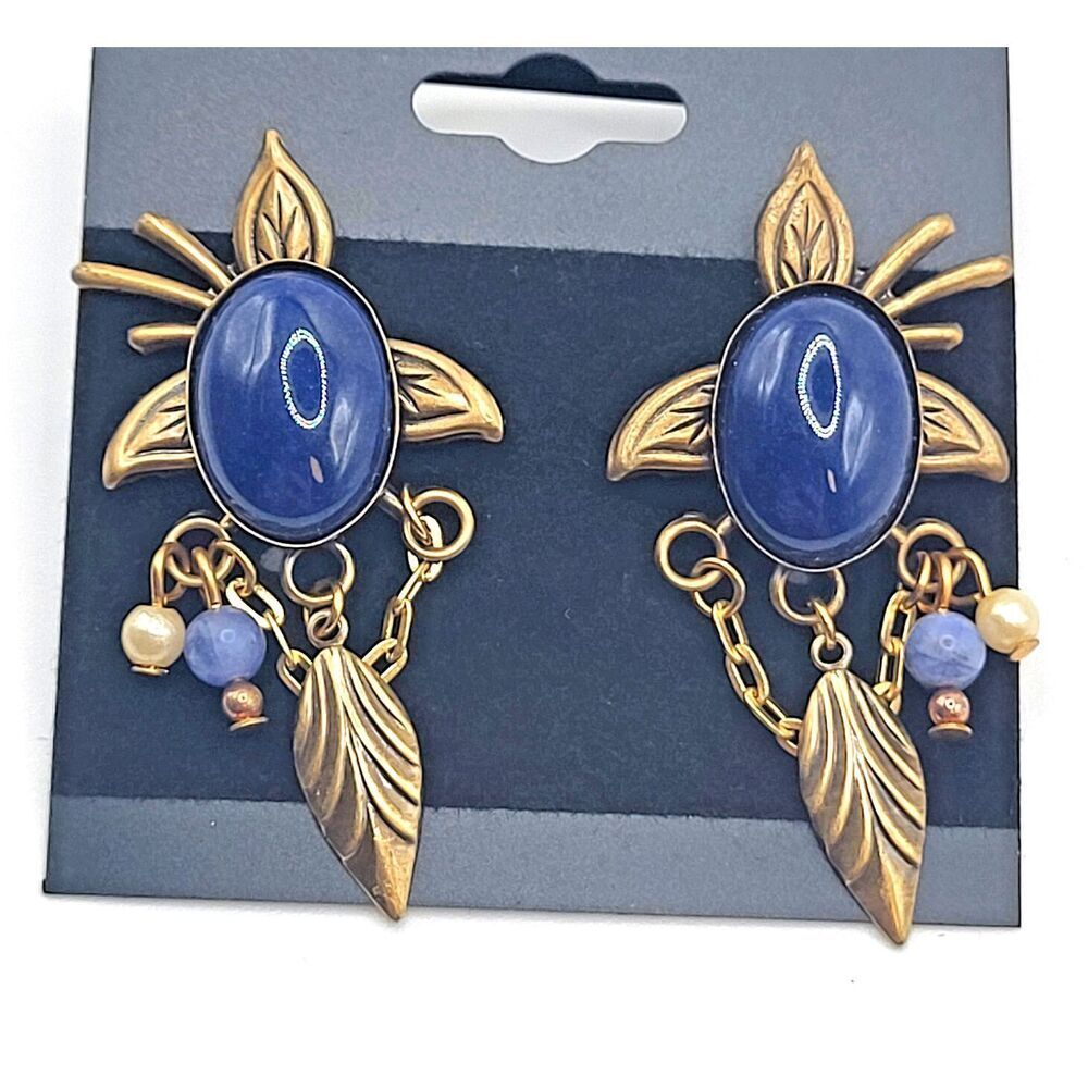 Bohemian Bronze Brass and Lapis Colored Earrings 1.75in